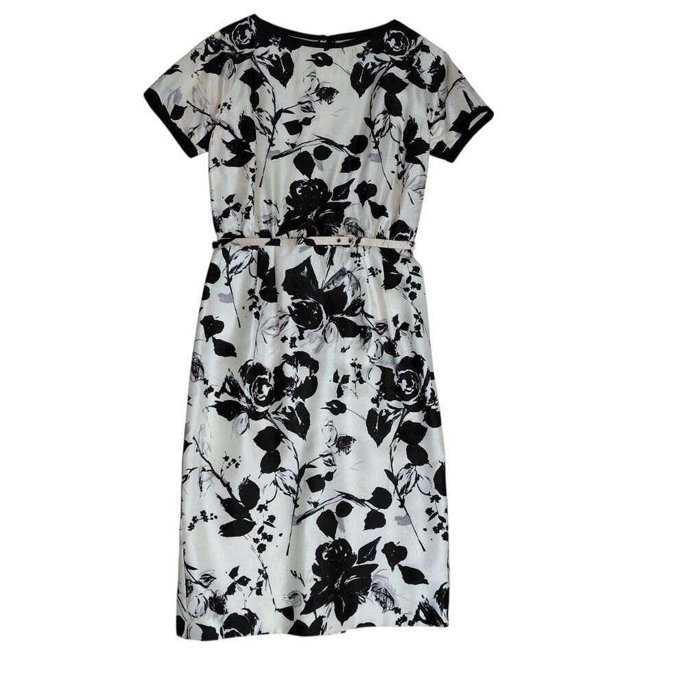 Vtg TABAK of California 100% Silk White Black Floral Midi Dress